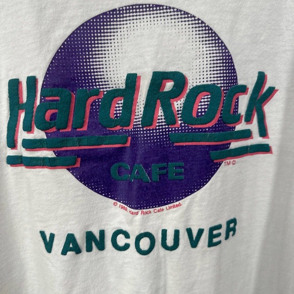 Vintage Hard Rock Cafe T-Shirt XL White Teal Purple Vancouver Canada 1989 Flaw - Picture 2 of 11